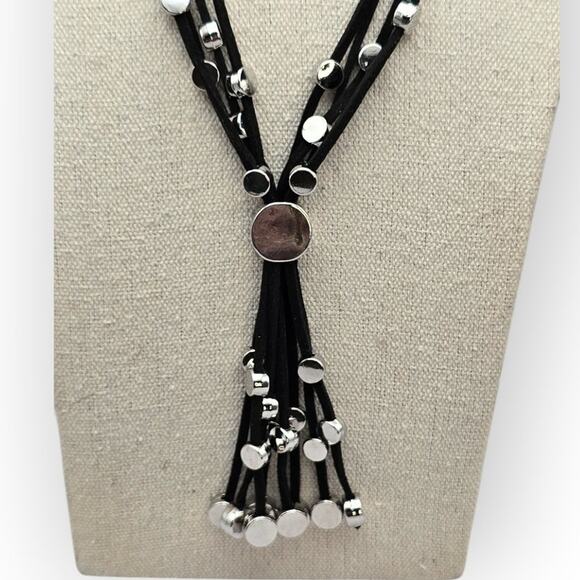 Black Multi Strand Cord Necklace Silver Beaded Tassel Drop Necklace - Picture 5 of 6